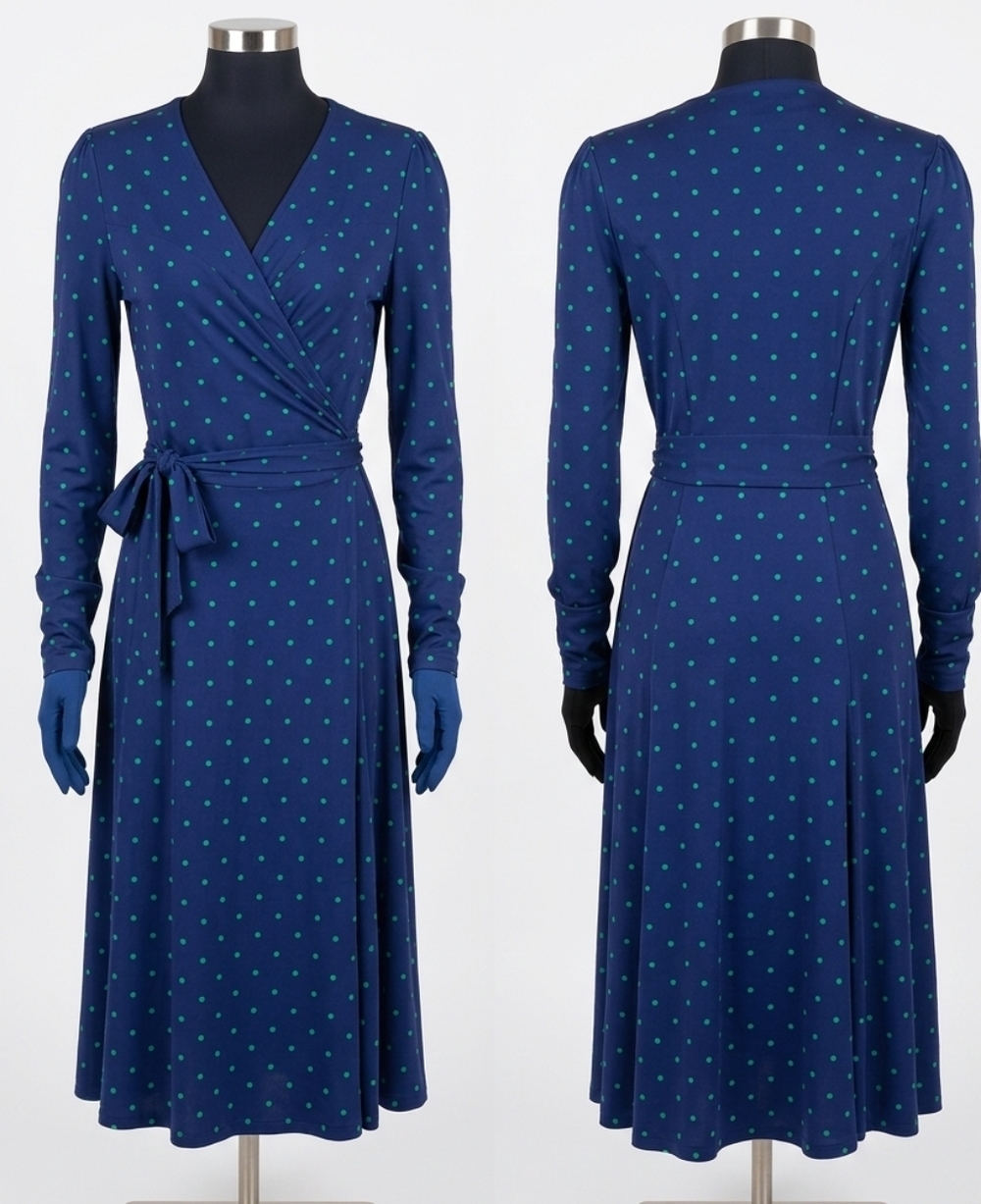 LK Bennett Navy Blue Wrap Midi Dress with Teal Polka Dots